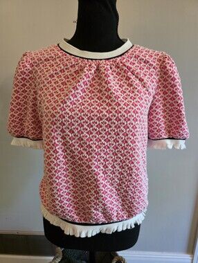 Voy Pink Textured Short Sleeve Blouse with Contrast Trim